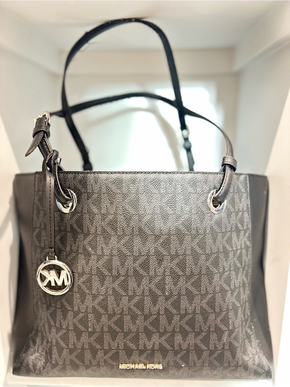 Michael Kors Black MK Signature Tote with Gold Charm